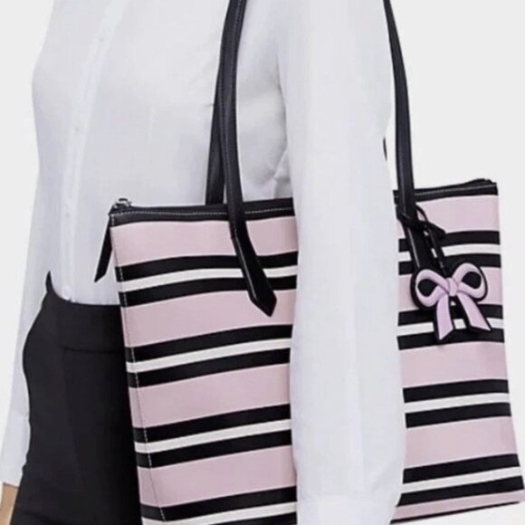 Kate Spade Cassy Ottoman Stripe Leather Tote Large Shoulder Bag Pink Multi